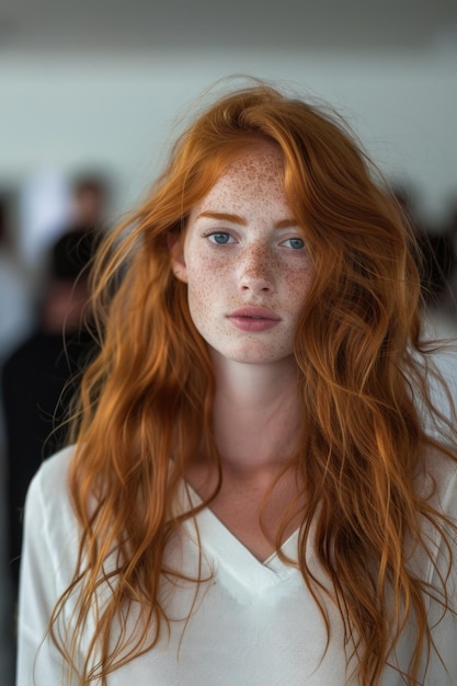 Portrait d'une belle jeune fille aux cheveux roux sérieux en gros plan