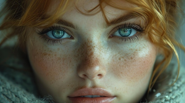 Portrait d'une belle jeune fille aux cheveux roux sérieux en gros plan