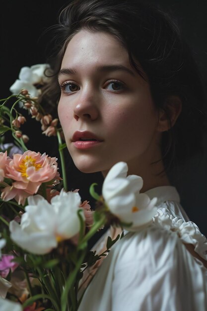 Photo portrait d'une belle jeune fille avec un bouquet de fleurs