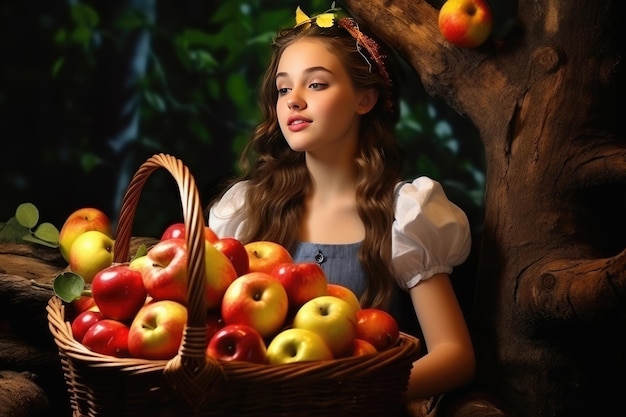 Portrait d'une belle jeune fille entourée de fruits