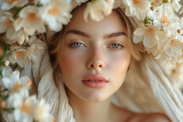Portrait d'une belle jeune fille en fleurs en gros plan