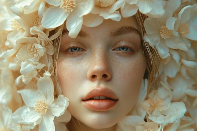 Portrait d'une belle jeune fille en fleurs en gros plan