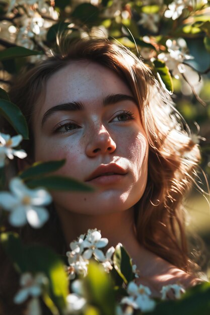 Photo portrait d'une belle jeune fille avec des taches de rousseur sur le visage dans un jardin en fleurs