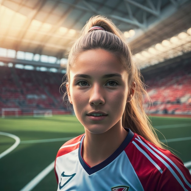 Portrait d'une belle jeune joueuse de football posant dans un stade