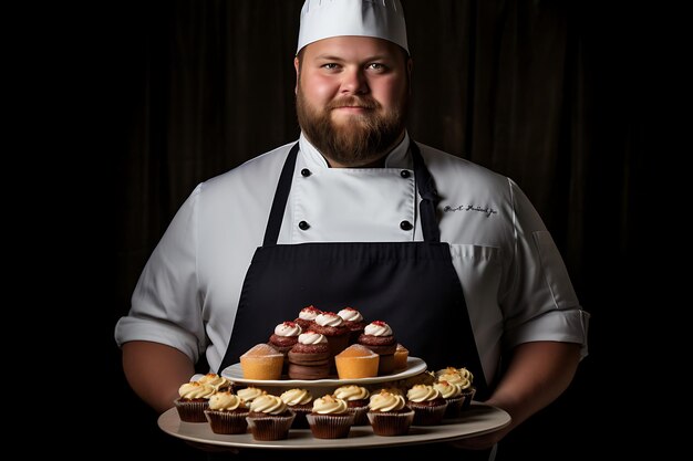 Portrait d'une belle jeune pâtissière tenant un plateau avec des macaroons colorés