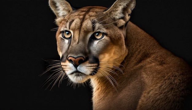 Portrait de la belle lion de montagne Puma Cougar isolé sur fond noir Ai générative