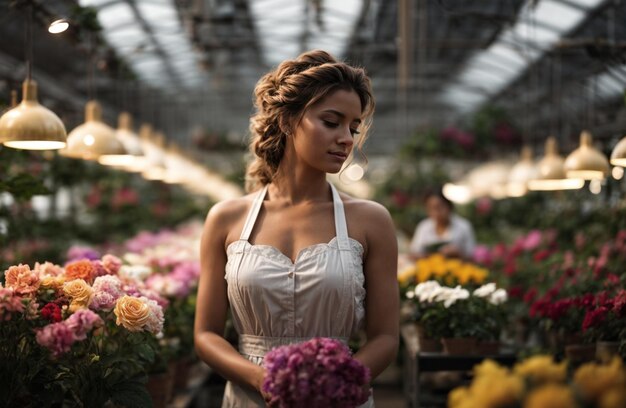 portrait d'une belle mariée choisissant des fleurs pour son bouquet dans une serre de fleurs