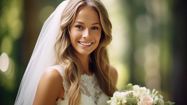 Portrait d'une belle mariée heureuse le jour du mariage Ai génératif