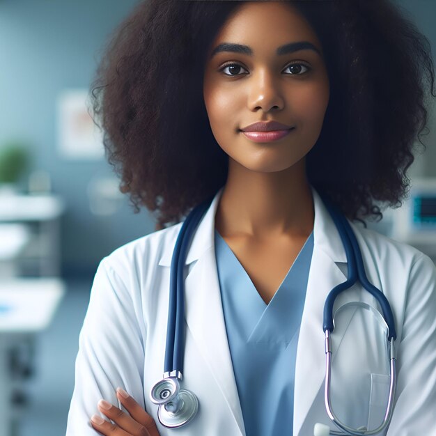 Photo portrait d'une belle médecin noire mature en manteau blanc avec un stéthoscope à la taille.