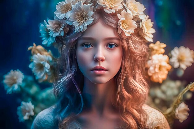 Portrait d'une belle et mystérieuse fille avec une belle couronne de fleurs sur la tête