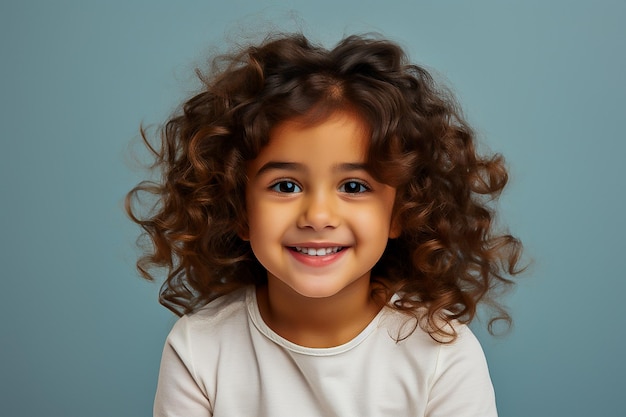 Photo portrait d'une belle petite fille brune aux cheveux bouclés à l'arrière-plan clair
