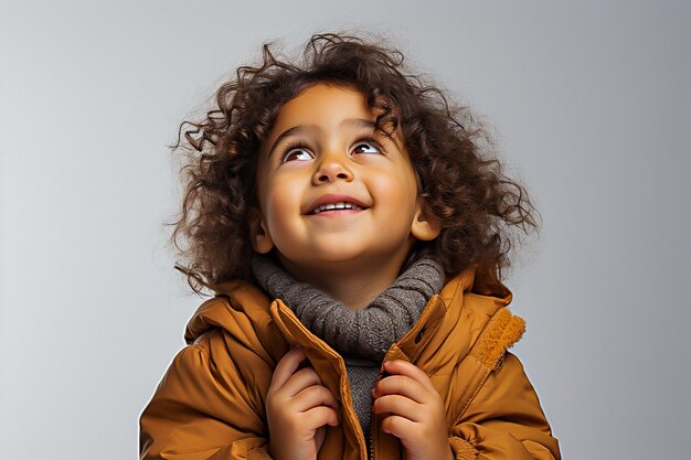 portrait d'une belle petite fille brune aux cheveux bouclés à l'arrière-plan clair