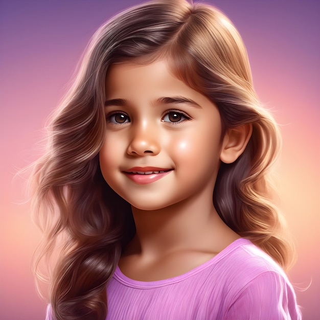 Portrait d'une belle petite fille avec de longs cheveux ondulés rendu en 3D