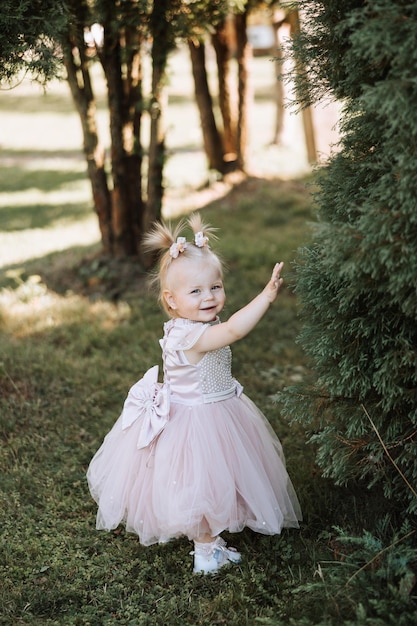 Portrait d'une belle petite princesse dans une robe rose mise en scène dans un parc sur l'herbe verte enfant ludique et heureux
