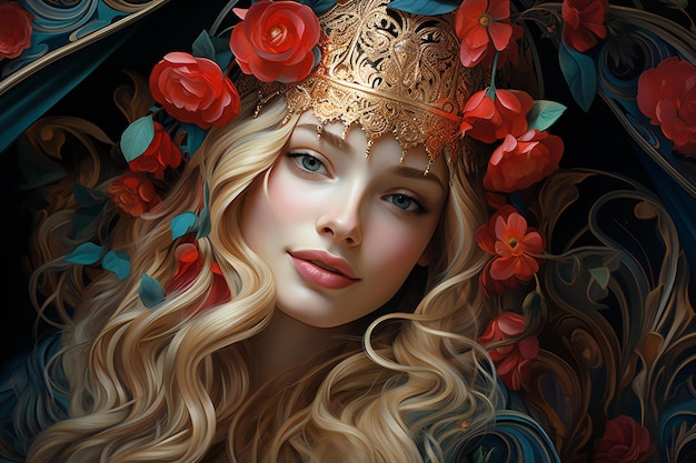 Portrait d'une belle princesse dans une couronne avec des roses rouges