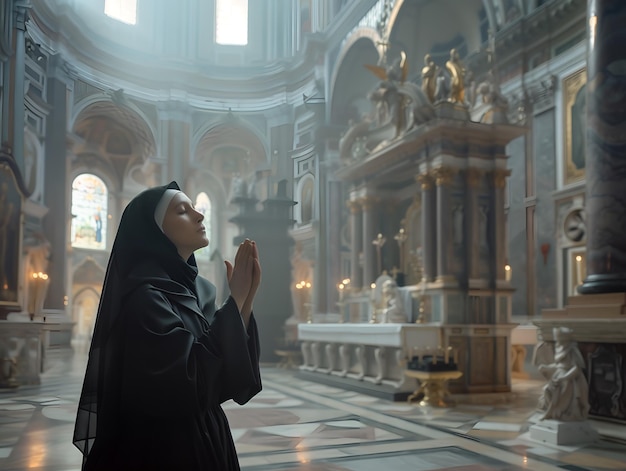 Portrait d'une belle religieuse caucasienne en habit noir priant dans l'église