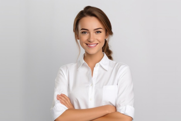 Photo portrait d'une belle serveuse en chemise blanche en regardant heureusement la caméra avec les bras croisés sur un fond blanc