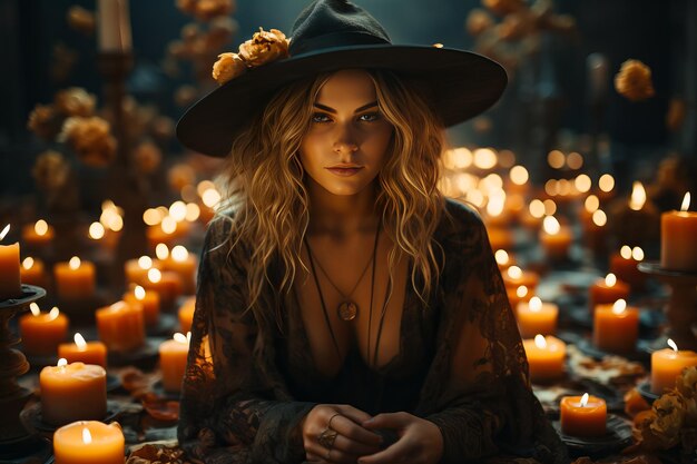 Photo portrait de belle sorcière sexuelle sur fond d'halloween
