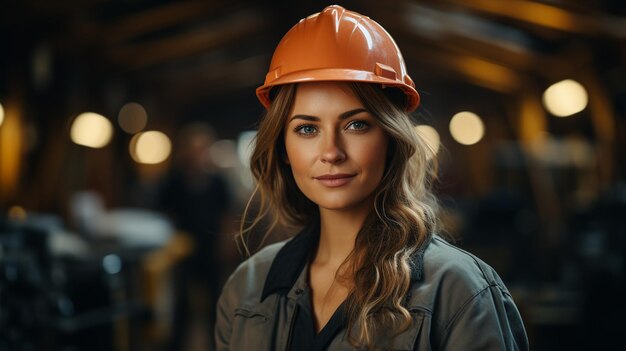 Portrait d'une belle travailleuse en casque de sécurité et gilet de sécurité posant sur un chantier de construction ai générative