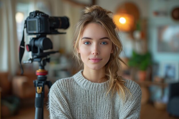 Portrait d'une belle vidéographe ou blogueuse souriante debout à côté de la caméra gros plan extrême IA générative