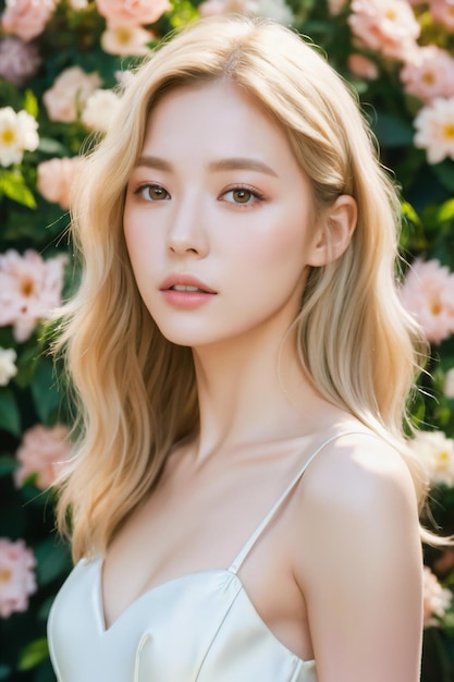 Portrait de belles femmes japonaises aux cheveux ondulés blonds platine debout avec des fleurs