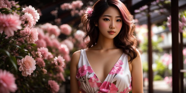 Portrait de belles femmes japonaises portant une robe d'été rose blanche