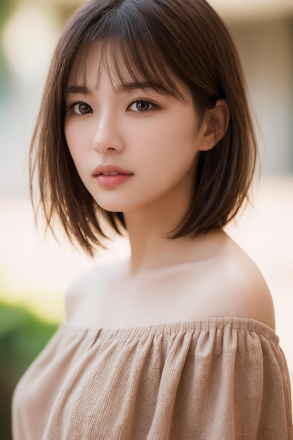 Portrait de belles jeunes femmes japonaises avec un chapeau poilu avec une frange en brun cendré avec un haut subtil