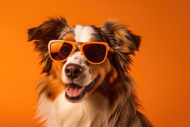 Portrait d'un berger australien portant des lunettes de soleil orange