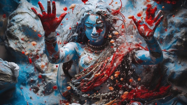 Portrait bleu de la déesse avec des mains sanglantes IA générative