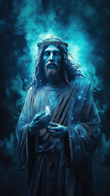 Un portrait bleu de Jésus avec une couronne sur la tête