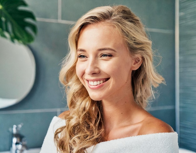 portrait blond heureux d'une femme dans la salle de bain à la maison