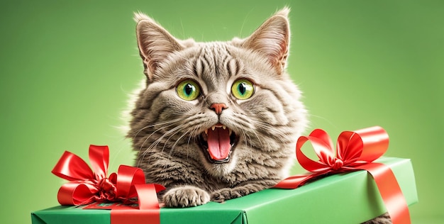 Photo portrait d'une boîte à cadeaux pour chats mignons et étonnés