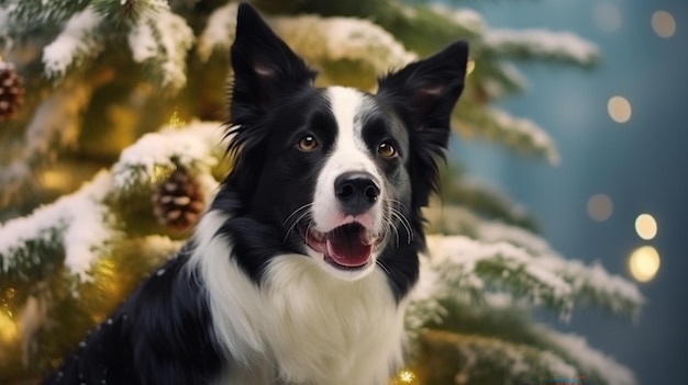 Portrait d'un border collie près du sapin de Noël