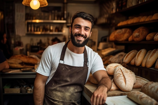 Photo portrait de boulanger dans une boulangerie avec un sourire sur le visage