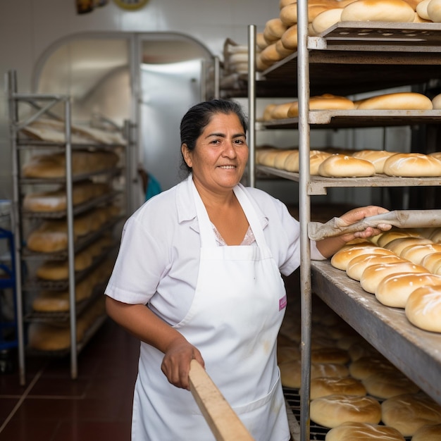 Portrait d'une boulanger sud-américaine dans la cinquantaine à la boulangerie