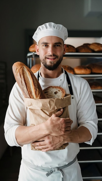 Portrait d'un boulanger tenant un pain dans un sac en papier