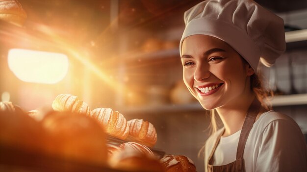 Portrait de boulangerie joyeuse montrant fièrement ses gâteaux délicieux à l'arrière-plan de la lumière du soleil