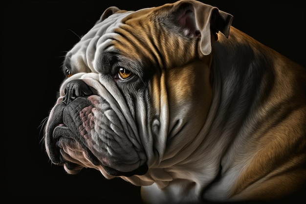 Un portrait d'un bouledogue avec un fond sombre.