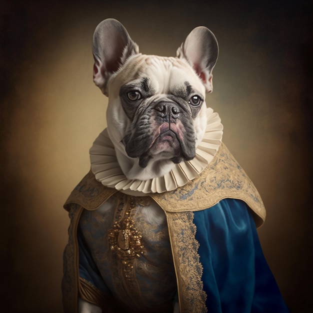 Portrait d'un bouledogue français portant un costume royal.