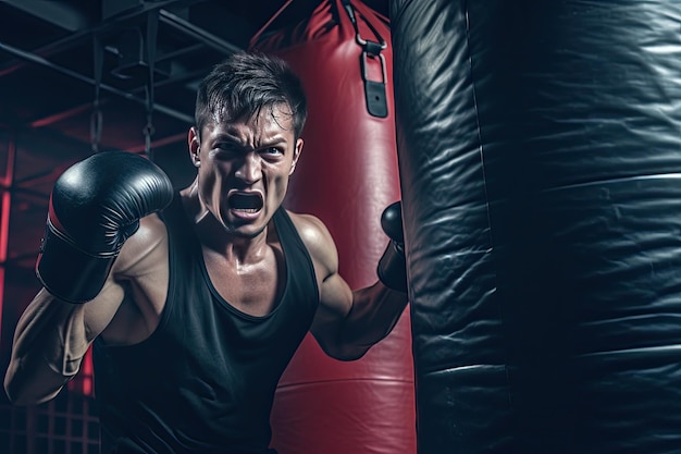 Portrait d'un boxeur s'entraînant avec un sac de boxe