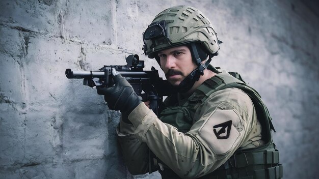 Portrait d'un brave soldat combattant pendant une opération sur le mur sombre