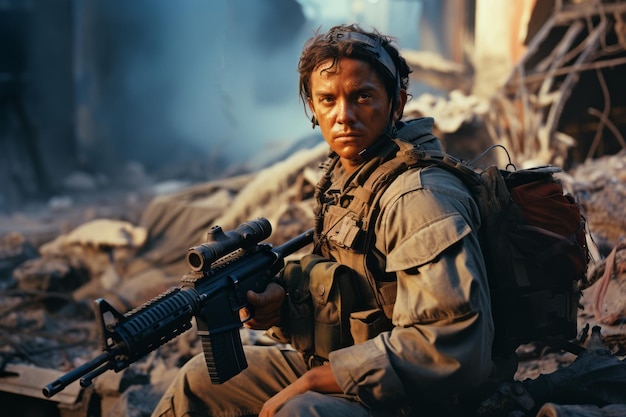 Photo portrait d'un brave soldat en gros plan en uniforme de combat de protection sans casque avec un fusil dans