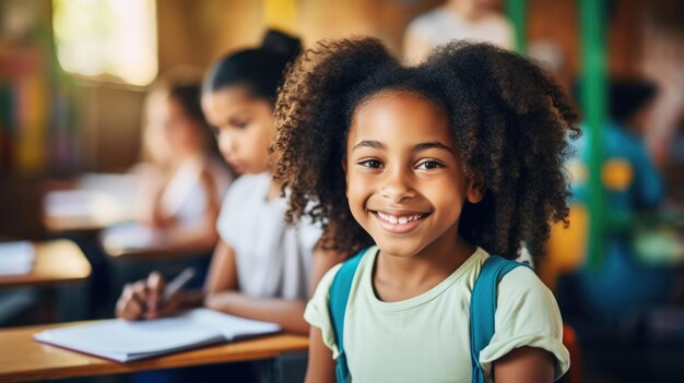 Portrait d'une brillante fille noire sourit dans une classe d'école primaire Apprentissage ou écrit dans un cahier