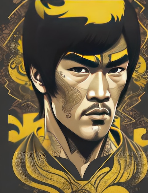 Portrait de Bruce Lee avec motif chinois sur son visage