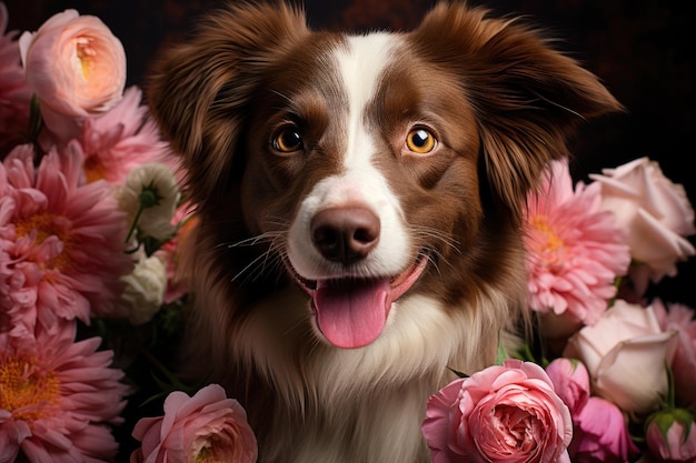 Portrait de brun avec un chien blanc Chien mignon avec des fleurs gros plan vue de face