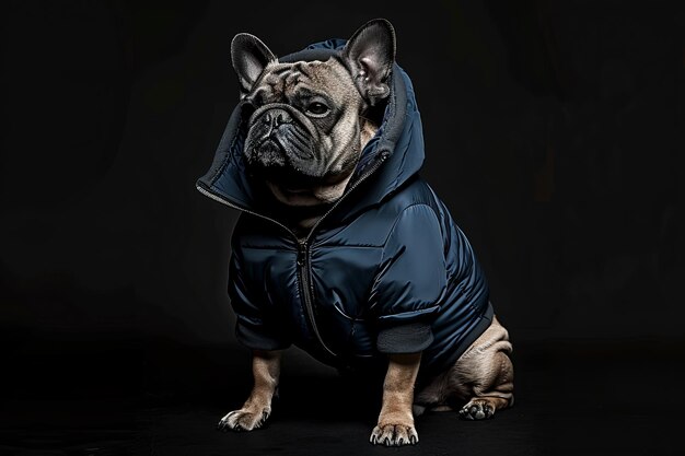 Photo portrait d'un bulldog français noir habillé sur un fond noir