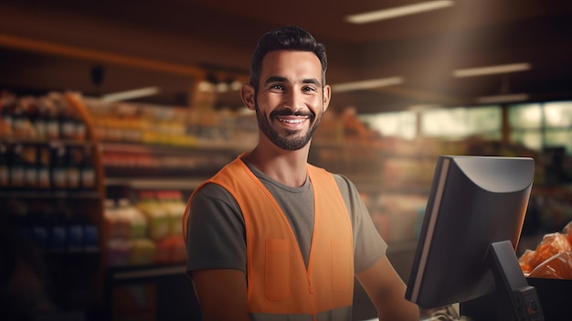 Le portrait d'un caissier souriant et joyeux dans une épicerie symbolise un service amical aux clients.