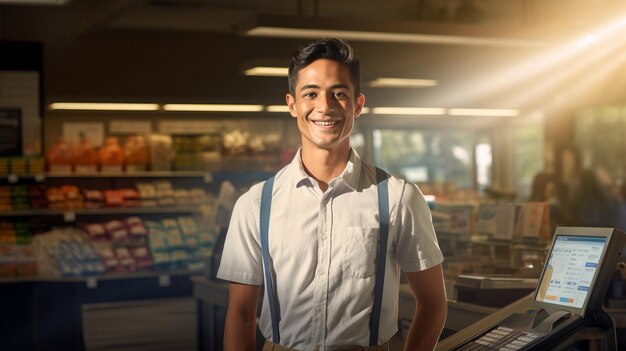 Le portrait d'un caissier souriant et joyeux dans une épicerie symbolise un service amical aux clients.