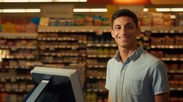 Photo le portrait d'un caissier souriant et joyeux dans une épicerie symbolise un service amical aux clients.