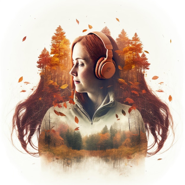 Portrait calme de femme au casque avec double exposition de forêt automnale